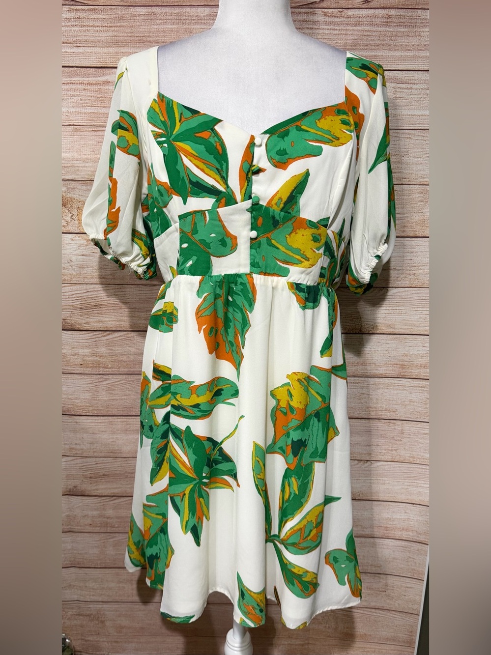 Cream Midi Dress with Green and Orange Leaf Print, Sweetheart Neckline
